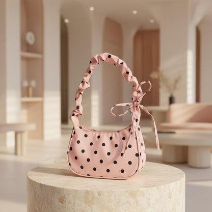 Pink Polka Dot Shoulder Bag, Bow Ribbon Strap Purse, Y2K Baguette Handbag, Coquette Pink Bag, Cute Everyday Purse