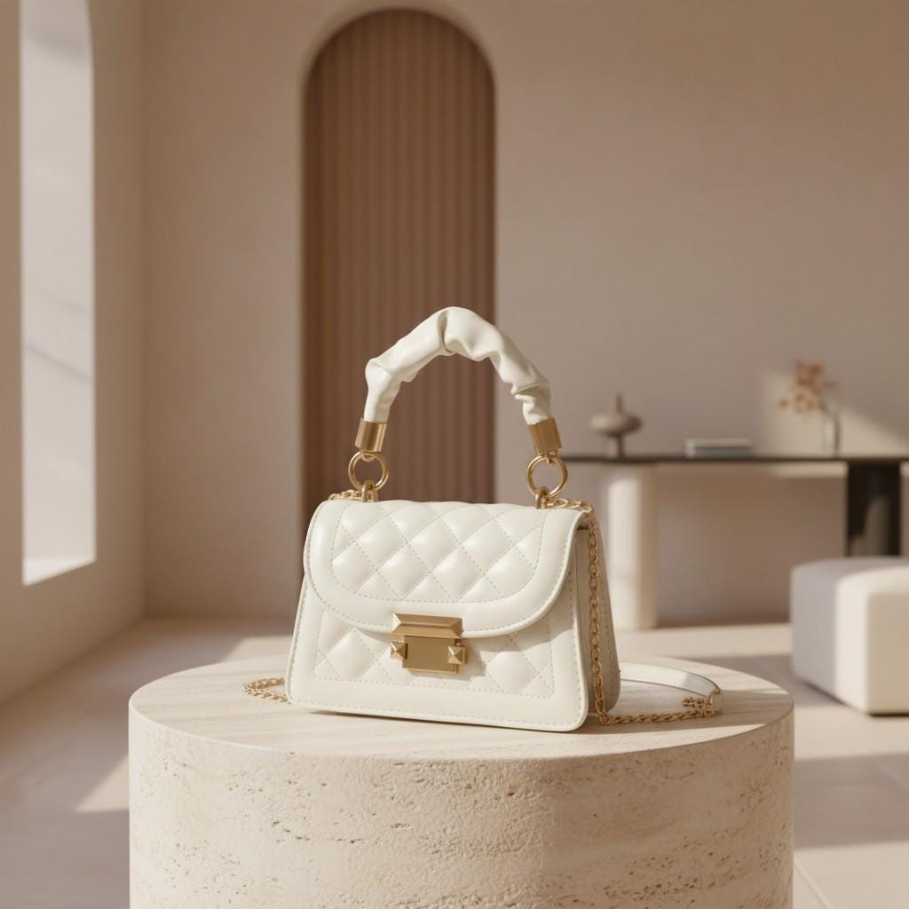 White Quilted Top Handle Bag, Gold Chain Shoulder Purse, Structured Crossbody Handbag, Elegant Flap Bag