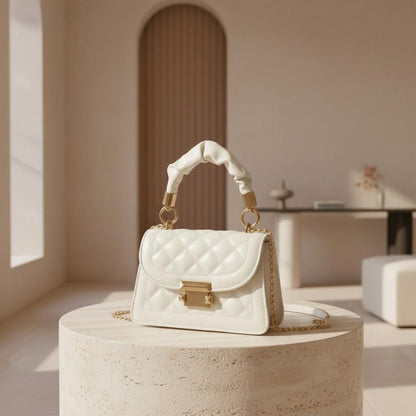 White Quilted Top Handle Bag, Gold Chain Shoulder Purse, Structured Crossbody Handbag, Elegant Flap Bag