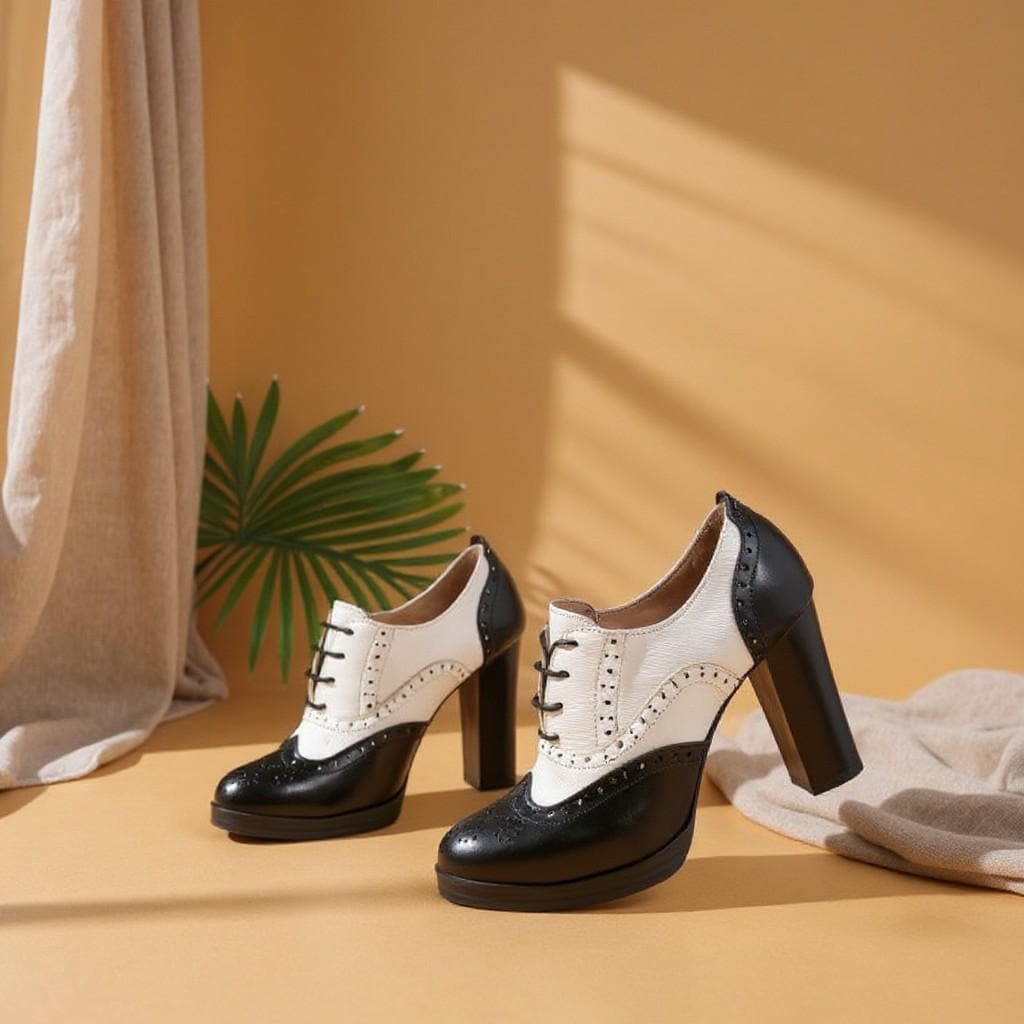Black White Oxford Heels, Lace Up Brogue Shoes, Two Tone Block Heel