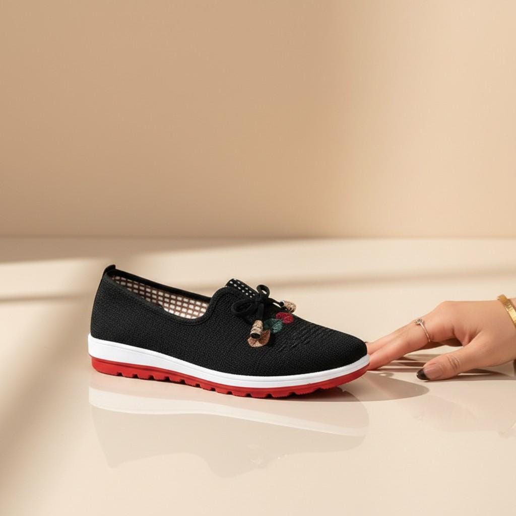 Black Floral Slip On Shoes for Women, Bow Detail Casual Sneakers, Embroidered Everyday Footwear