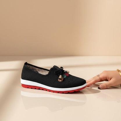 Black Floral Slip On Shoes for Women, Bow Detail Casual Sneakers, Embroidered Everyday Footwear