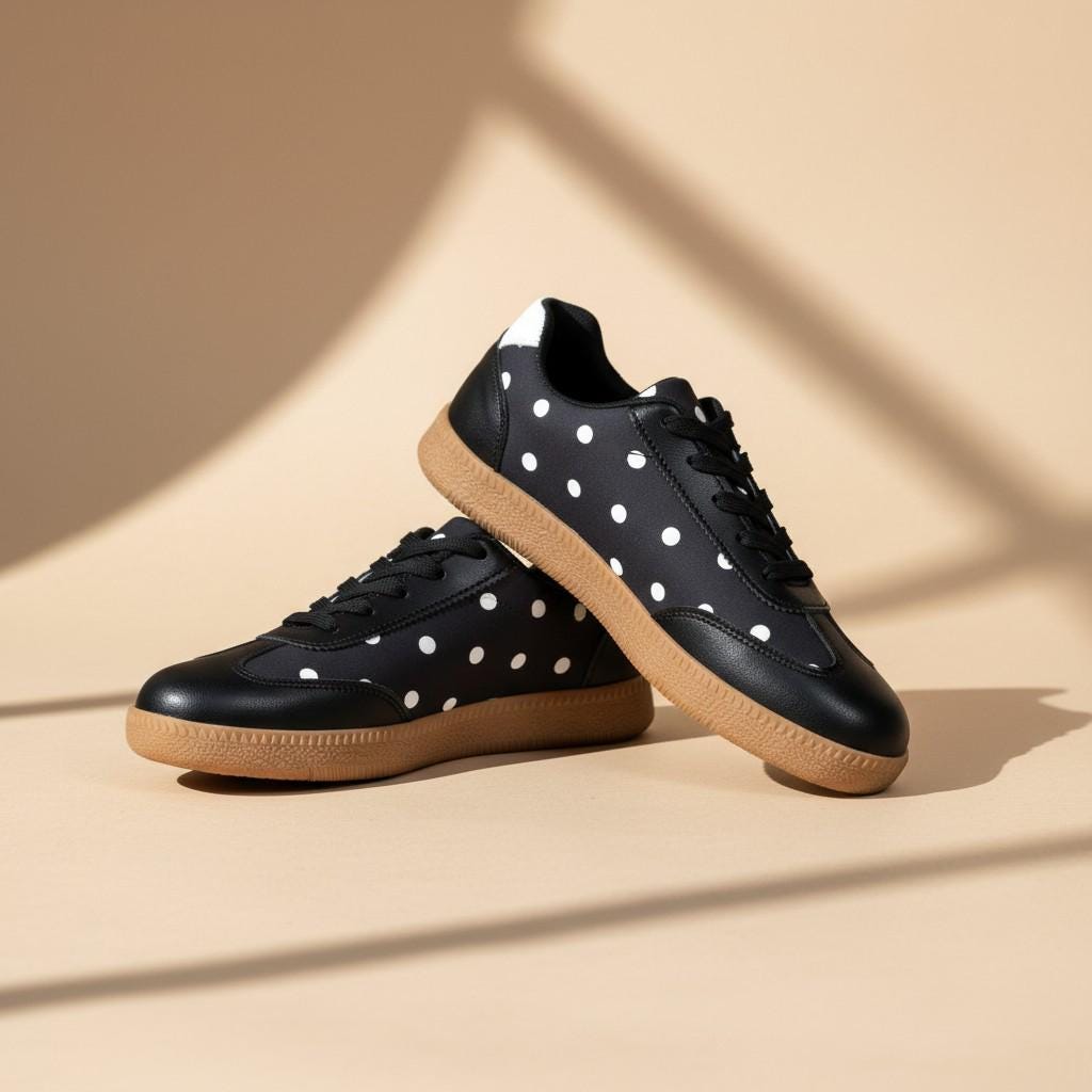 Black Polka Dot Sneakers for Women, Retro Lace Up Shoes, White Dot Casual Footwear