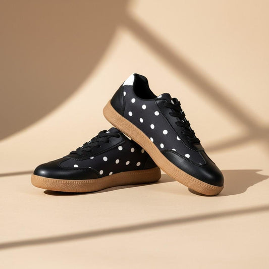Black Polka Dot Sneakers for Women, Retro Lace Up Shoes, White Dot Casual Footwear