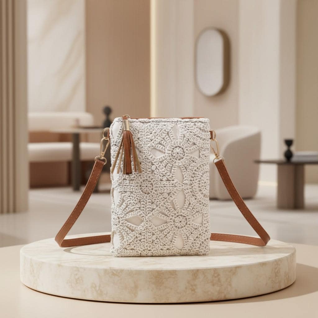 Cream Crochet Crossbody Bag, Boho Lace Purse for Women, Small Shoulder Bag, Summer Vacation Handbag