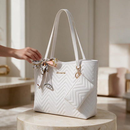 White Quilted Tote Bag, Chevron Shoulder Handbag, Women's Purse Set, White Tote with Matching Mini Bag, Everyday Carryall