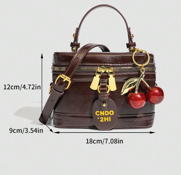 Brown Shoulder Bag, Women's Top Handle Crossbody Purse, Double Zip Handbag, Cherry Charm Bag, Structured Box Purse