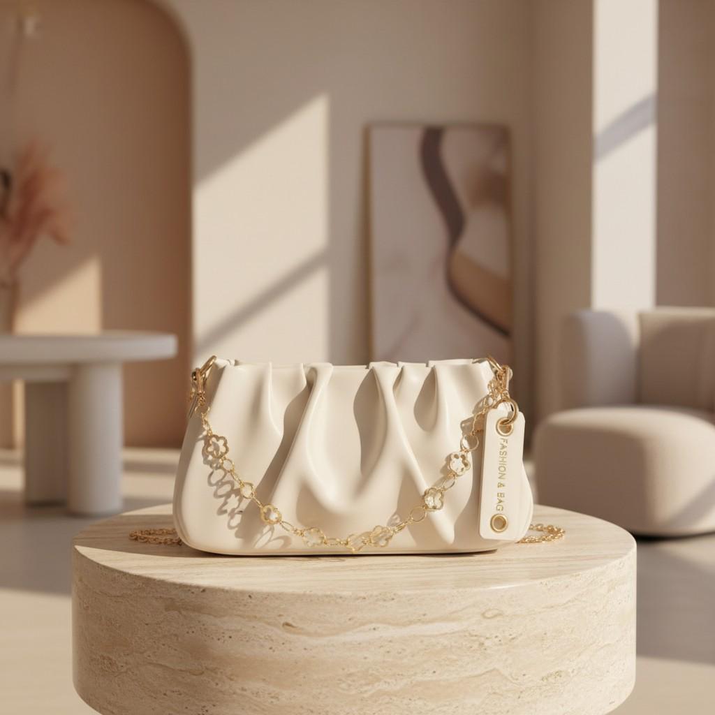 Cream Ruched Shoulder Bag, Floral Chain Purse, Gathered Hobo Handbag, Ivory Crossbody Bag, Elegant Soft Bag