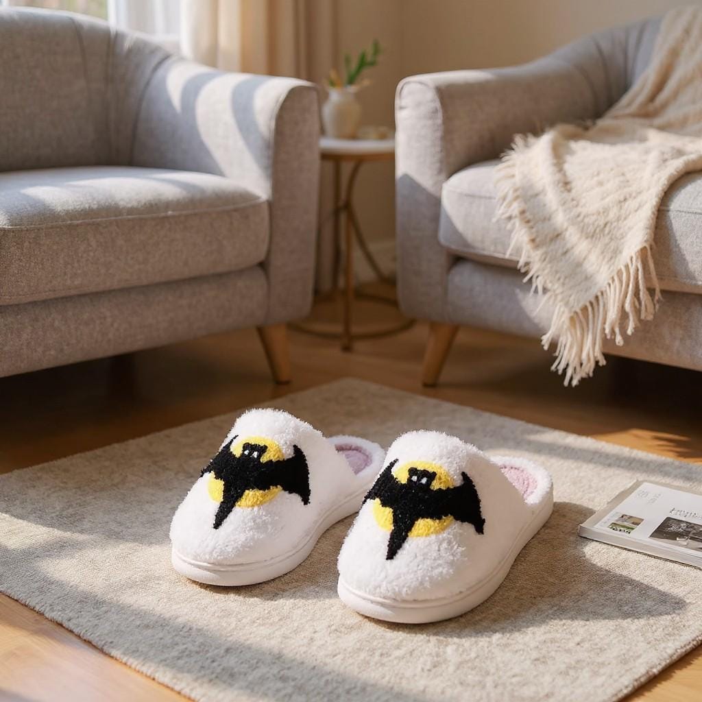 Bat Slippers, Fuzzy White House Shoes, Spooky Halloween Slippers