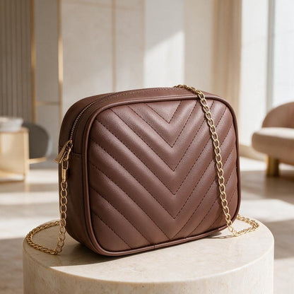 Brown Quilted Crossbody Bag, Chevron Shoulder Purse, Gold Chain Handbag, Small Brown Evening Bag, Elegant Women Bag