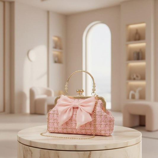 Pink Tweed Bow Handbag, Romantic Frame Purse for Women, Kiss Lock Evening Bag with Chain Strap