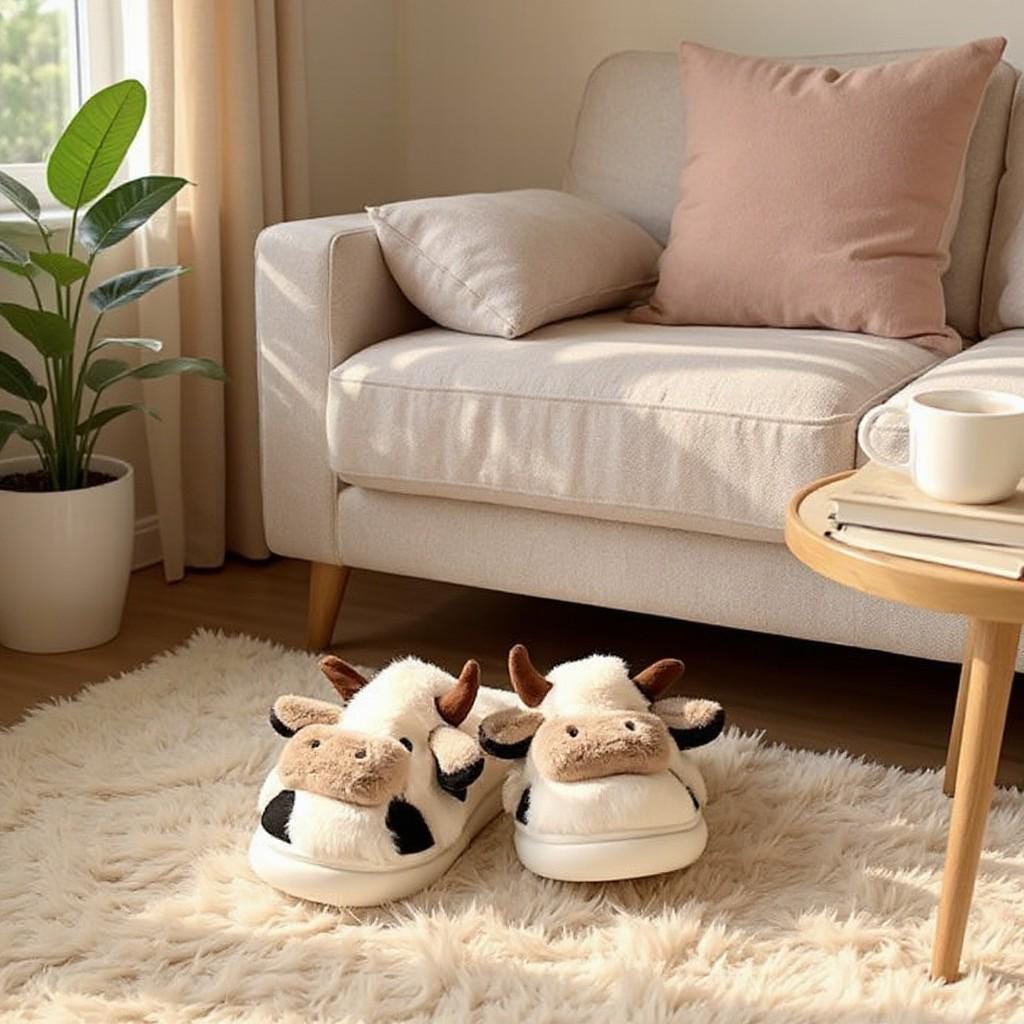 Cow Slippers, Cute Fuzzy House Shoes, Plush Animal Slides, Cozy Indoor Footwear