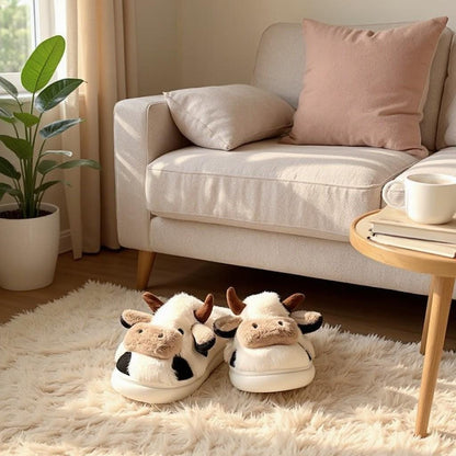 Cow Slippers, Cute Fuzzy House Shoes, Plush Animal Slides, Cozy Indoor Footwear