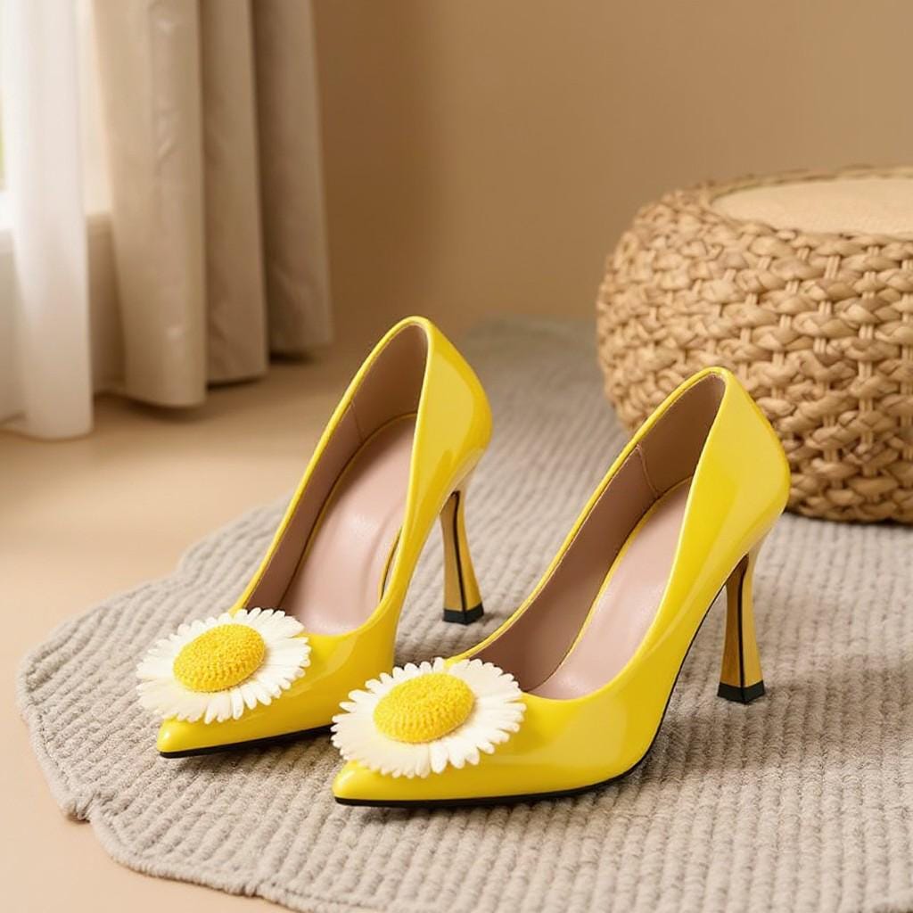 Yellow Daisy Heels, Floral High Heel Pumps, White Flower Stiletto Shoes, Pointed Toe Women's Statement Shoes