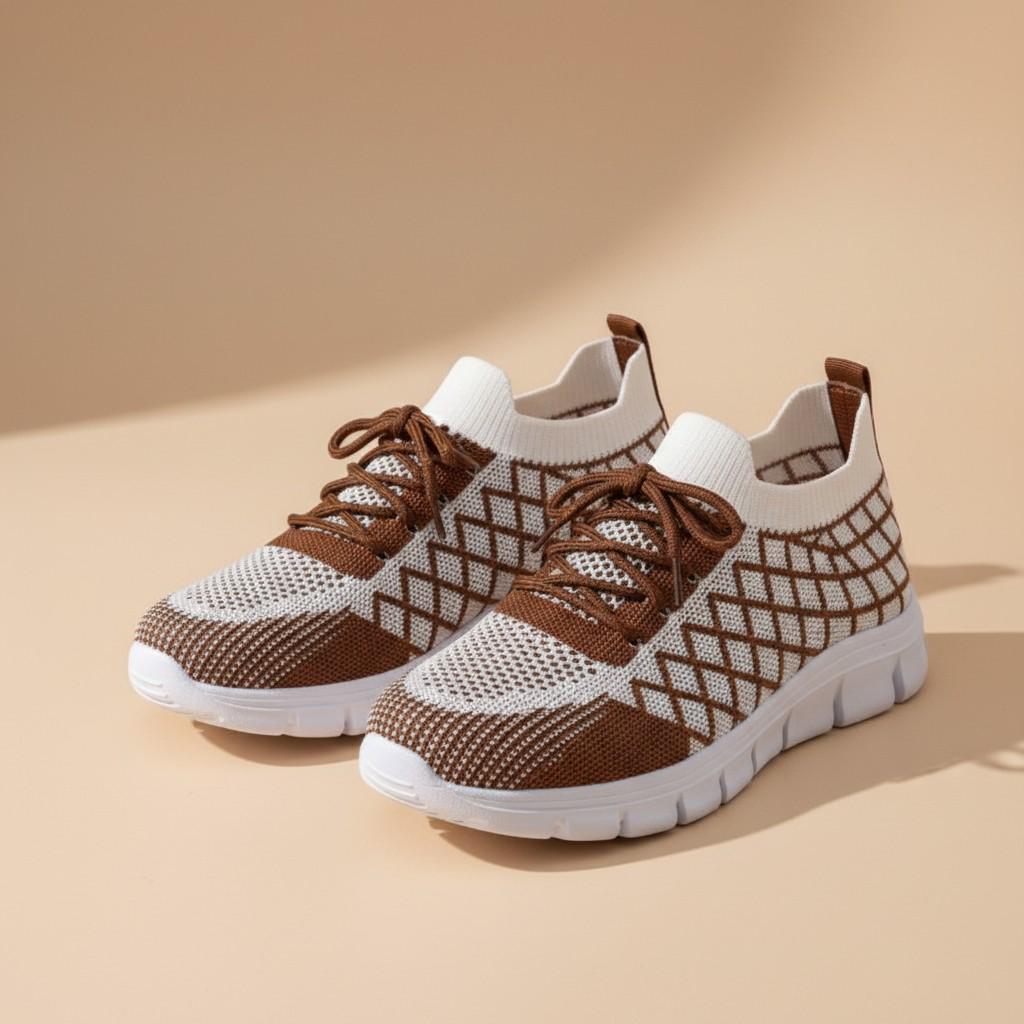 Brown Knit Sneakers for Women, Geometric Mesh Shoes, White Casual Lace Up Sneakers