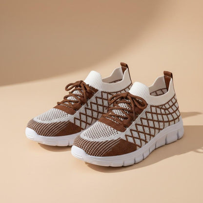Brown Knit Sneakers for Women, Geometric Mesh Shoes, White Casual Lace Up Sneakers