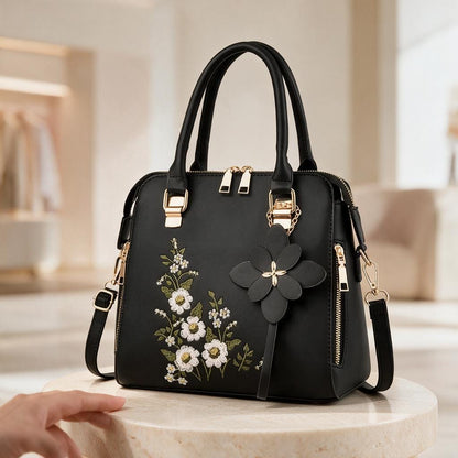 Black Floral Handbag, Embroidered Flower Purse, Women's Shoulder Bag, 3D Flower Crossbody Bag, Elegant Purse