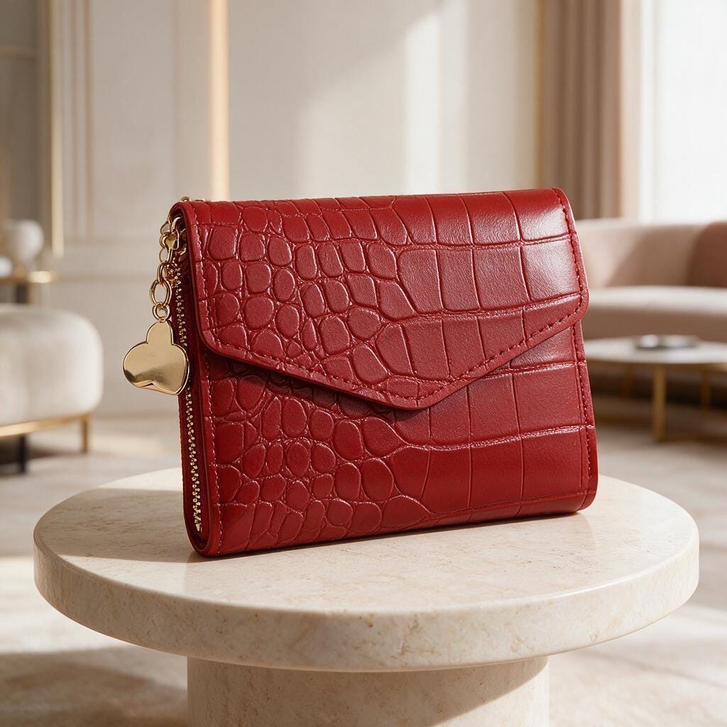 Red Croc Embossed Wallet, Womens Flap Wallet, Small Tassel Purse, Heart Charm