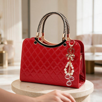 Red Quilted Handbag, Pearl Charm Purse, Glossy Top Handle Bag, Red Shoulder Bag, Elegant Crossbody Tote, Women's Bag
