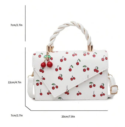 Cherry Print Handbag, White Cherry Shoulder Bag, Fruit Print Purse, Braided Handle Bag, Cute Flap Crossbody Bag, Summer Purse