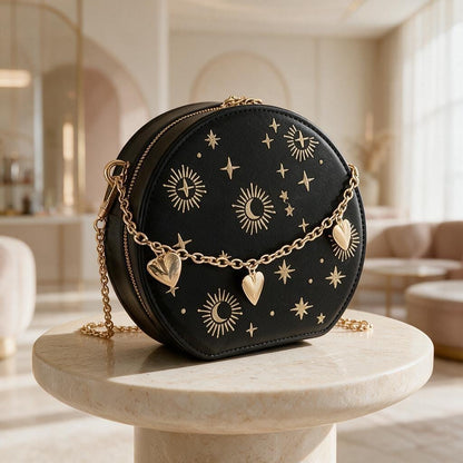 Celestial Crossbody Bag, Moon Star Shoulder Purse, Black Astrology Bag, Sun Moon Handbag, Gold Chain Evening Bag