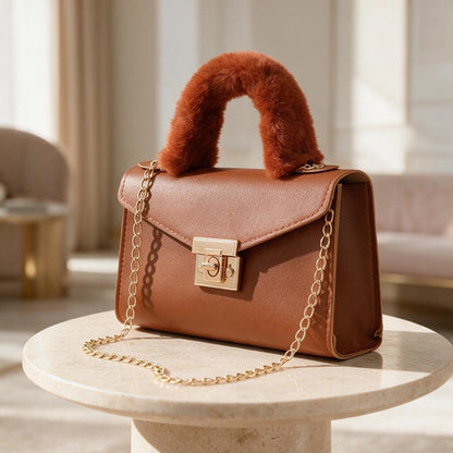 Brown Top Handle Bag, Faux Fur Handle Handbag, Cognac Shoulder Bag, Structured Purse, Chain Strap Handbag, Elegant Bag