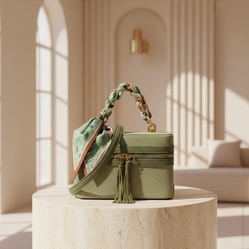 Olive Green Top Handle Bag, Scarf Handle Purse, Tassel Crossbody Bag, Structured Shoulder Handbag
