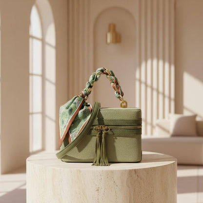 Olive Green Top Handle Bag, Scarf Handle Purse, Tassel Crossbody Bag, Structured Shoulder Handbag