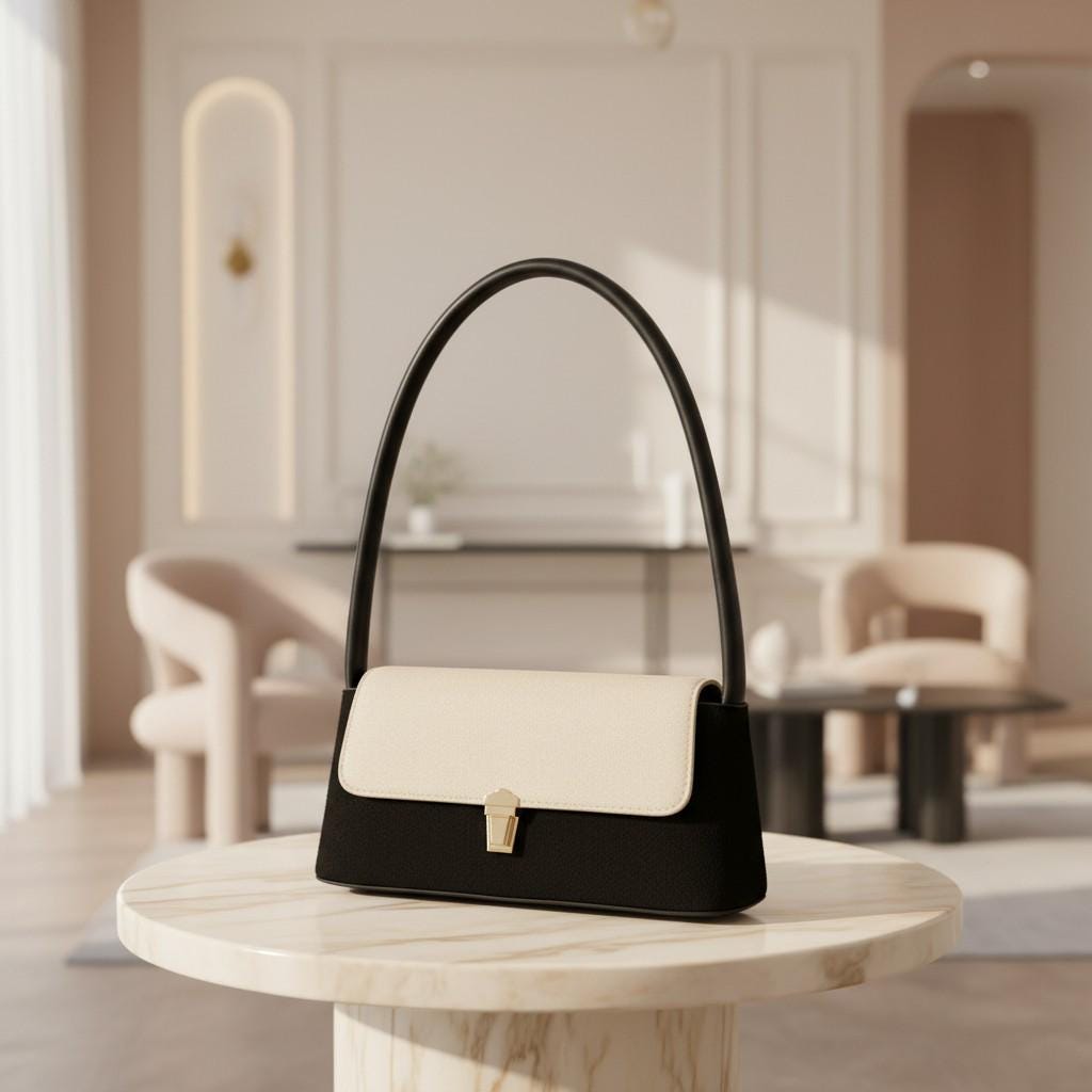 Black Baguette Bag, Two Tone Shoulder Purse, Women's Flap Handbag, Minimalist Top Handle Bag, Black Cream Purse