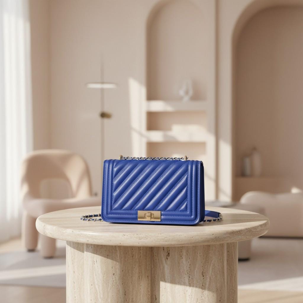 Blue Quilted Shoulder Bag, Chain Strap Purse, Diagonal Quilted Crossbody Bag, Cobalt Blue Handbag, Elegant Flap Bag