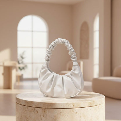 White Ruched Shoulder Bag, Gathered Crescent Purse, Scrunchie Handle Handbag, Minimalist Underarm Bag, Trendy Everyday Purse