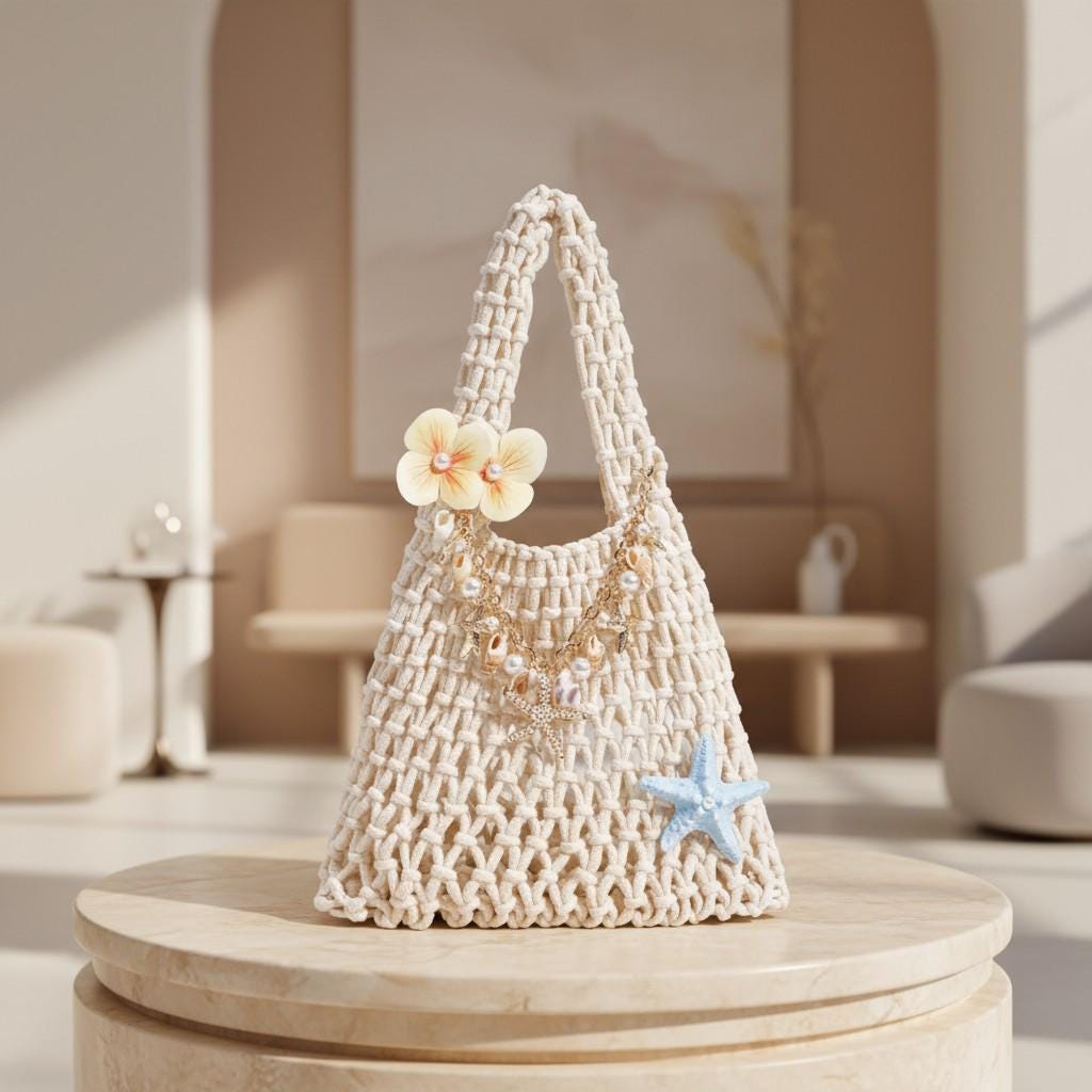 Crochet Beach Bag, Coastal Shoulder Bag, Boho Summer Purse, Shell Charm Bag, Starfish Pearl Handbag