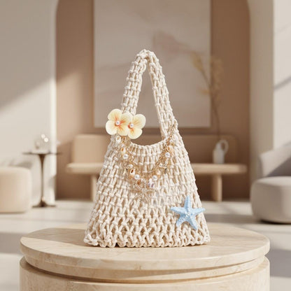 Crochet Beach Bag, Coastal Shoulder Bag, Boho Summer Purse, Shell Charm Bag, Starfish Pearl Handbag