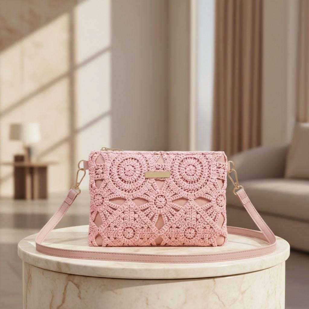 Pink Crochet Crossbody Bag, Lace Shoulder Purse, Boho Women's Handbag