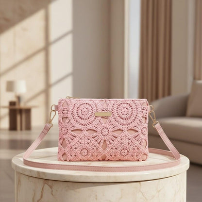Pink Crochet Crossbody Bag, Lace Shoulder Purse, Boho Women's Handbag