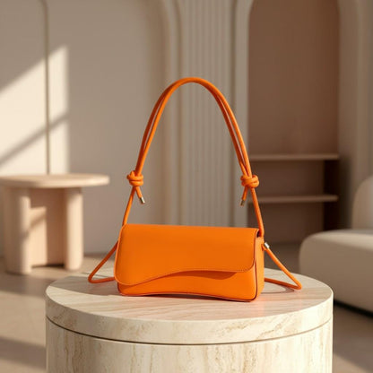 Orange Shoulder Bag, Knotted Strap Handbag, Flap Purse, Minimalist Underarm Bag, Trendy Everyday Shoulder Bag
