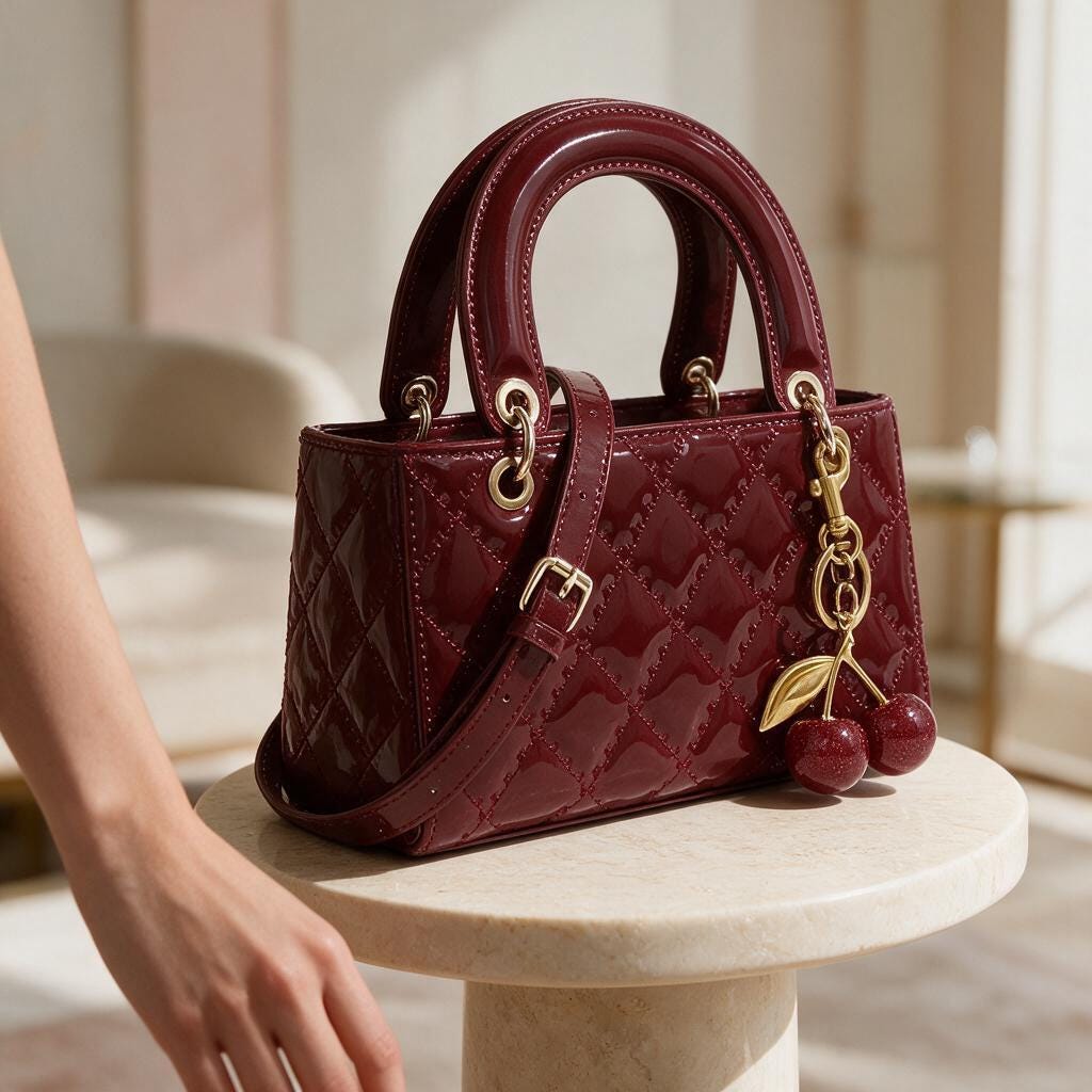 Burgundy Patent Handbag, Quilted Top Handle Purse, Cherry Charm Crossbody Bag, Red Shoulder Bag, Elegant Women’s Handbag