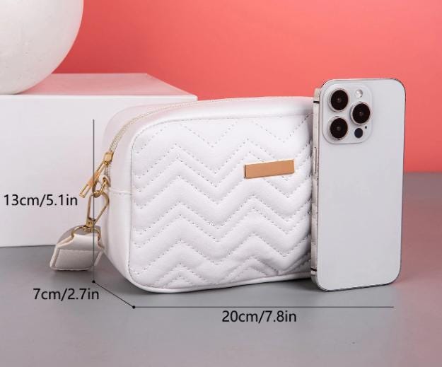 White Quilted Crossbody Bag, Chevron Shoulder Purse, White Handbag, Zigzag Quilted Bag, Adjustable Strap Crossbody