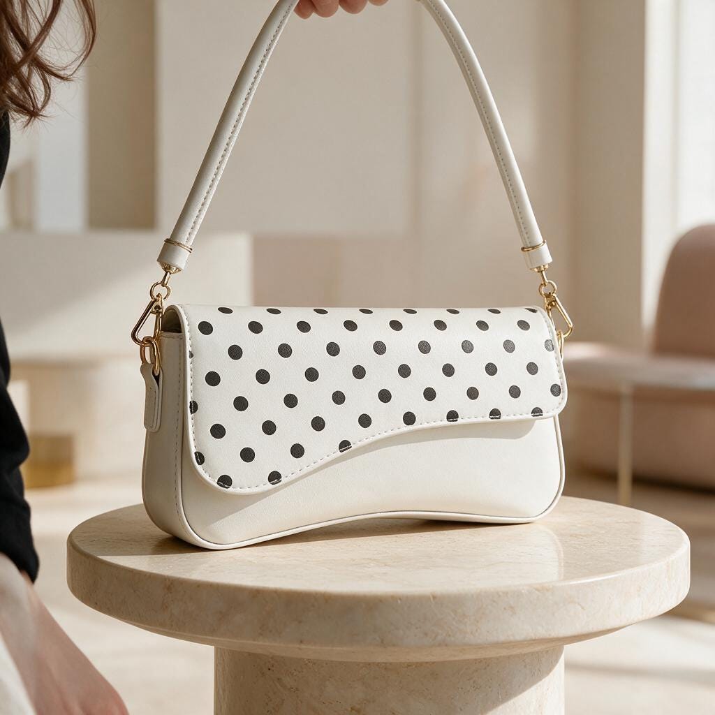 Polka Dot Shoulder Bag, White Crossbody Purse, Y2K Baguette Handbag, Retro Everyday Bag
