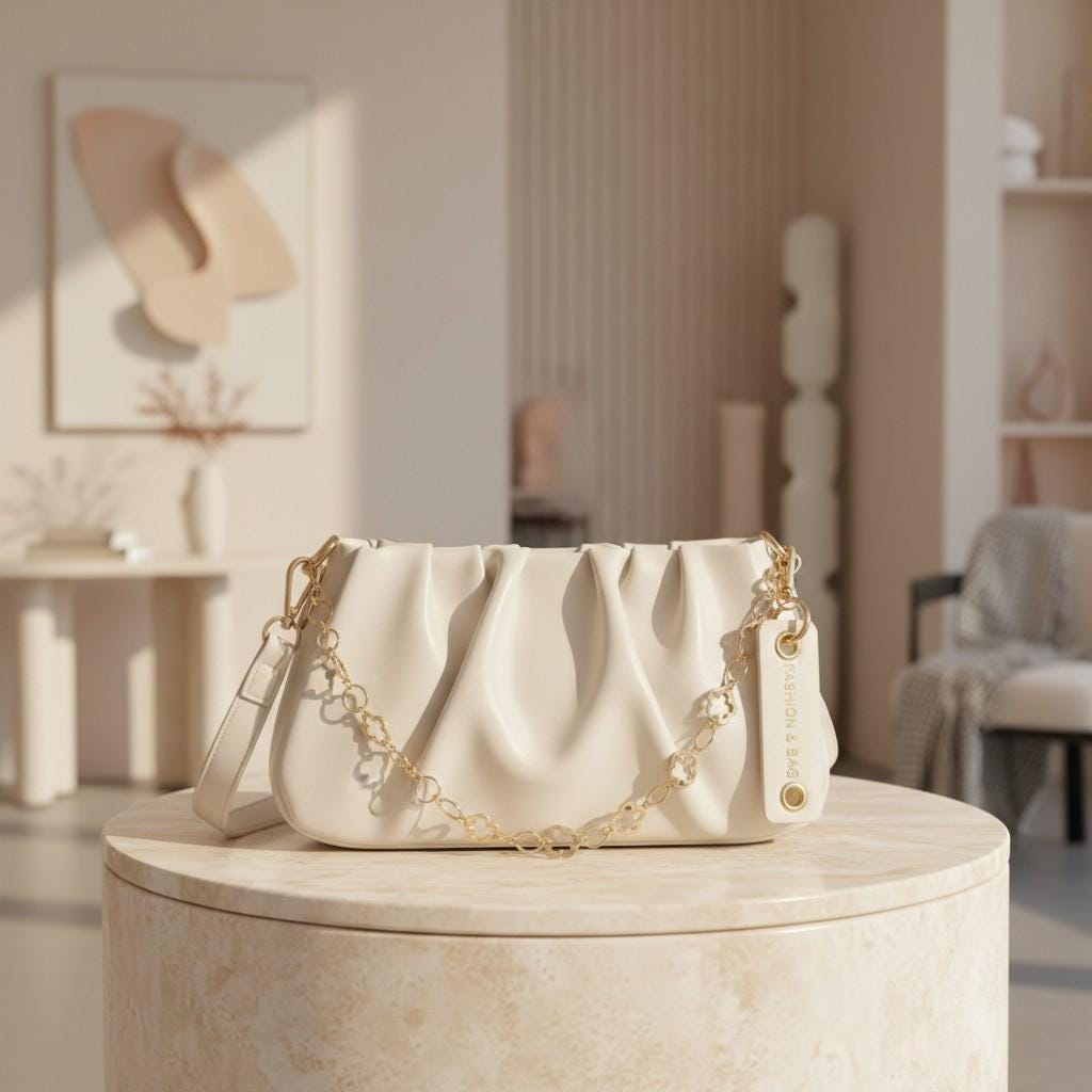 Cream Ruched Shoulder Bag, Floral Chain Purse, Gathered Hobo Handbag, Ivory Crossbody Bag, Elegant Soft Bag