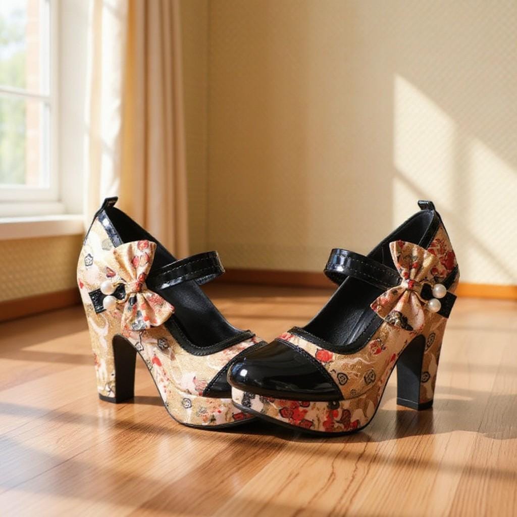 Floral Mary Jane Heels, Bow Platform Pumps, Black Patent Toe Shoes