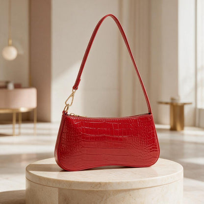 Red Croc Embossed Shoulder Bag, Y2K Baguette Purse, Glossy Faux Croc Handbag, Mini Underarm Bag, Red Shoulder Purse