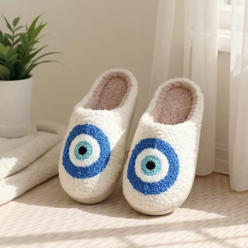 Evil Eye Slippers, Nazar Blue Eye Fuzzy House Shoes, Plush Cozy Slippers