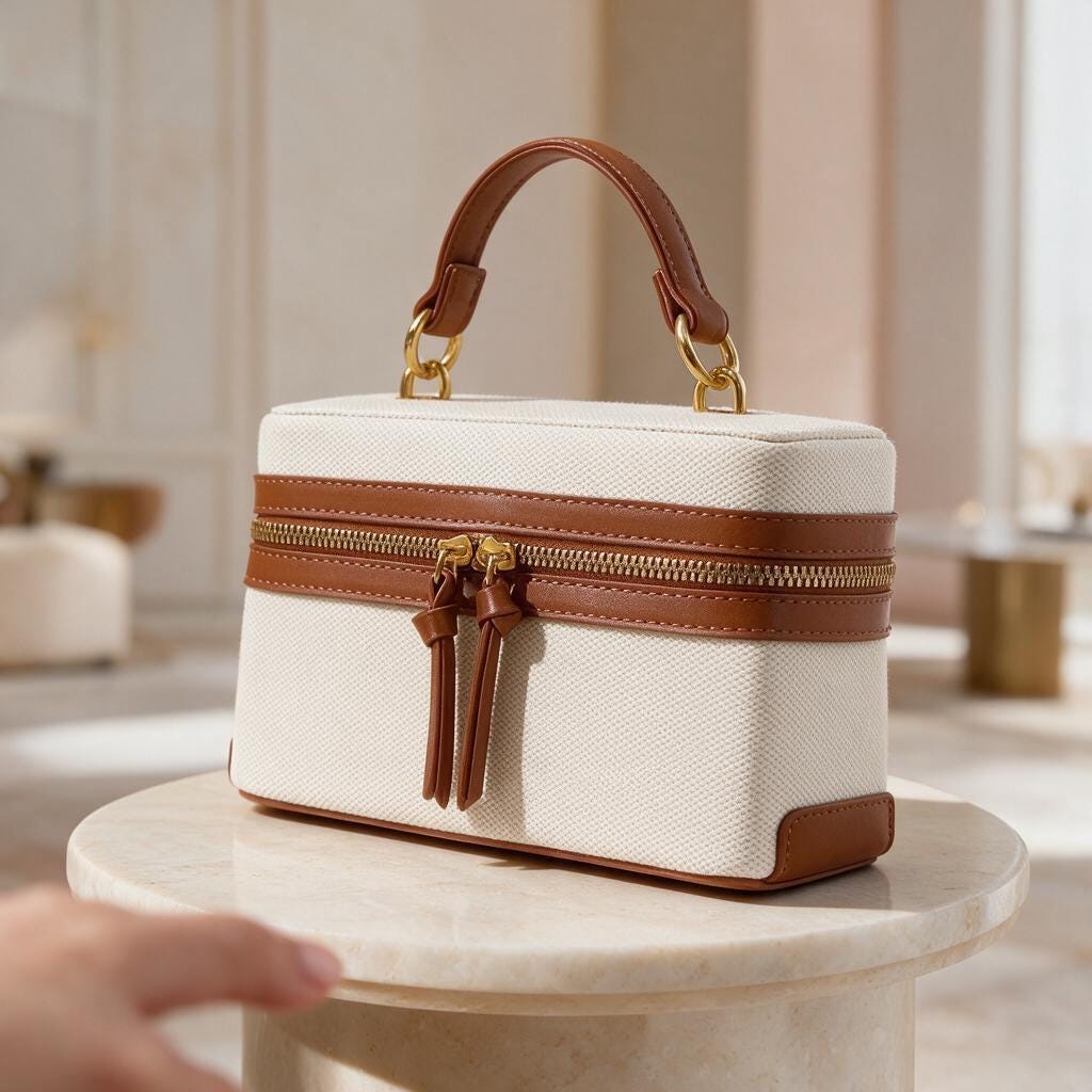 Cream Top Handle Bag, Brown Trim Handbag, Ivory Structured Purse, Zipper Shoulder Bag, Neutral Everyday Handbag