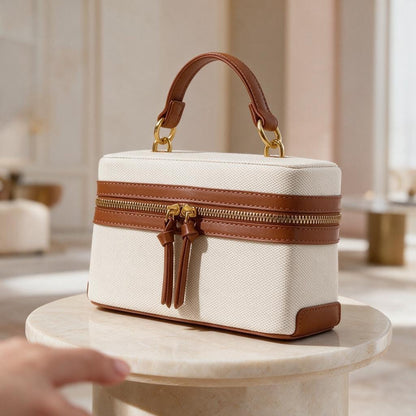 Cream Top Handle Bag, Brown Trim Handbag, Ivory Structured Purse, Zipper Shoulder Bag, Neutral Everyday Handbag