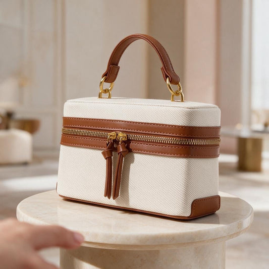 Cream Top Handle Bag, Brown Trim Handbag, Ivory Structured Purse, Zipper Shoulder Bag, Neutral Everyday Handbag