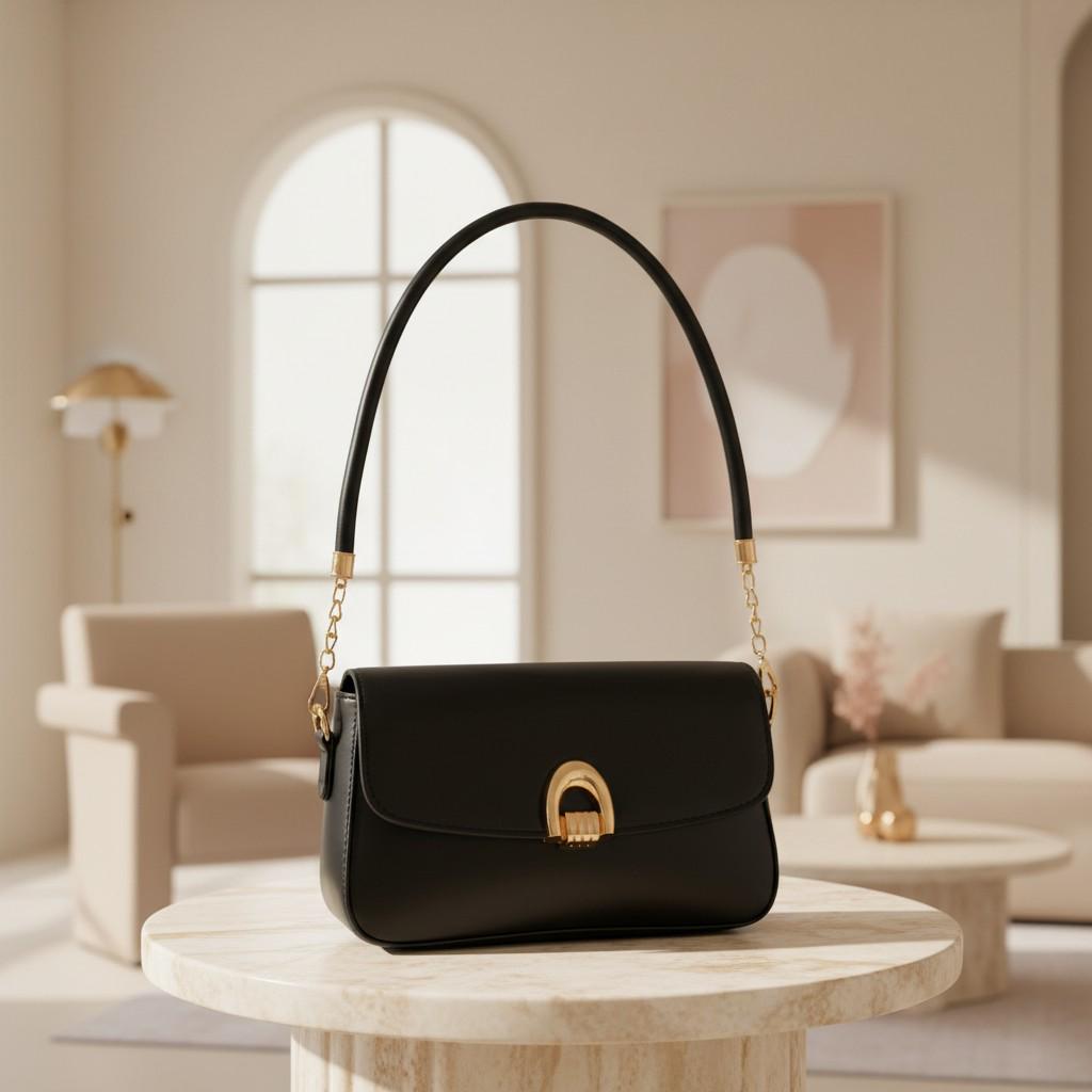 Black Structured Top Handle Bag, Flap Shoulder Purse, Gold Clasp Handbag