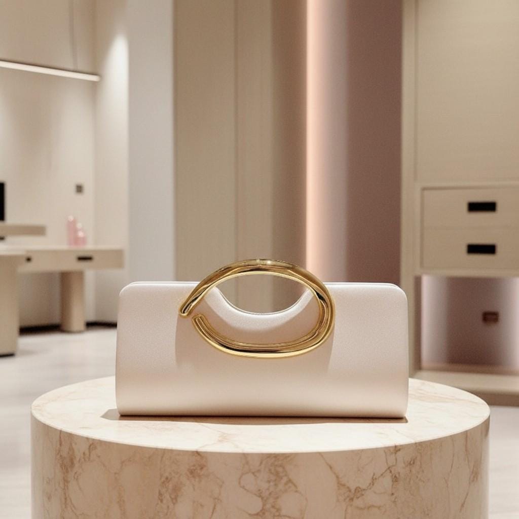 Ivory Clutch Bag, White Evening Purse, Gold Ring Handle Bag, Wedding Guest Clutch, Elegant Bridal Bag, Formal Party Purse