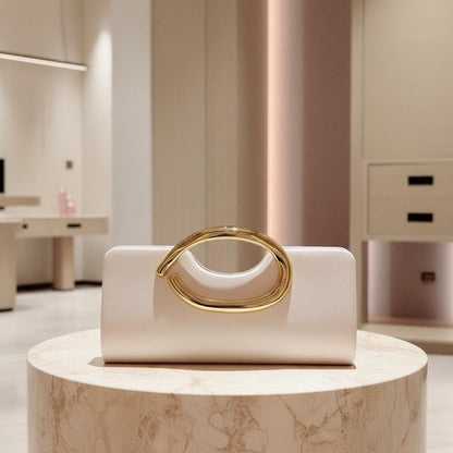Ivory Clutch Bag, White Evening Purse, Gold Ring Handle Bag, Wedding Guest Clutch, Elegant Bridal Bag, Formal Party Purse