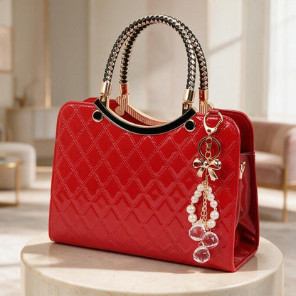 Red Quilted Handbag, Pearl Charm Purse, Glossy Top Handle Bag, Red Shoulder Bag, Elegant Crossbody Tote, Women's Bag